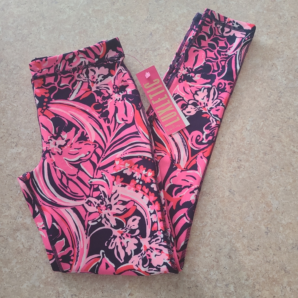 NWT Lilly Pulitzer Floral Luxletic Low Tide Navy Tights/Leggings in Size 12-14.